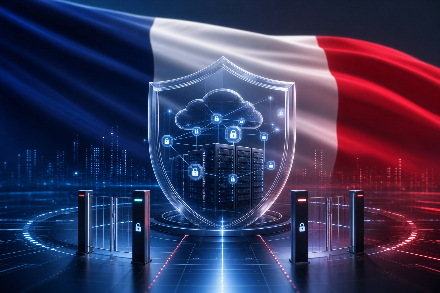 French flag behind a cloud protected by a shield and zero trust controls