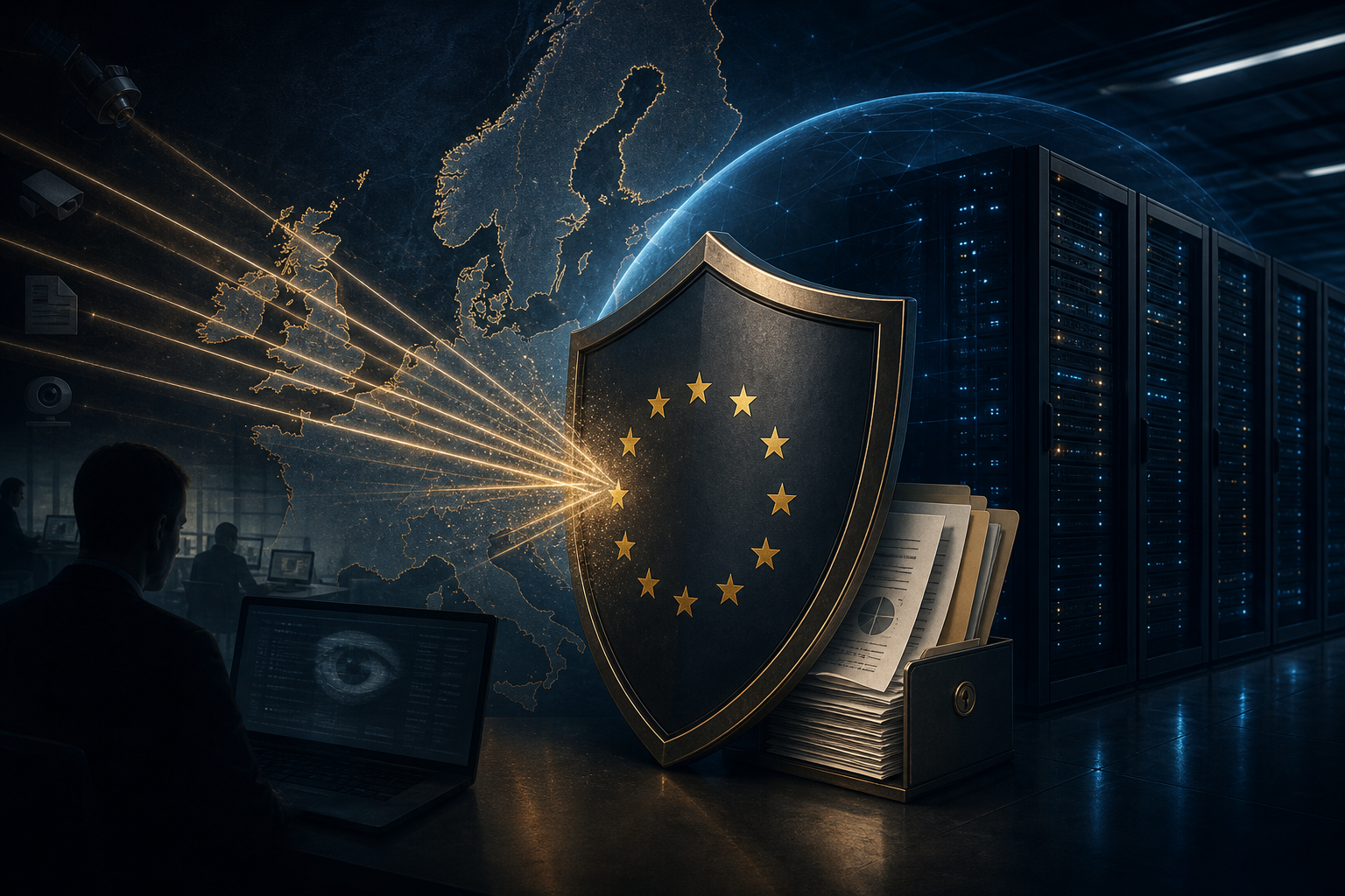 Illustration of a shield protecting European documents against telemetry data flows