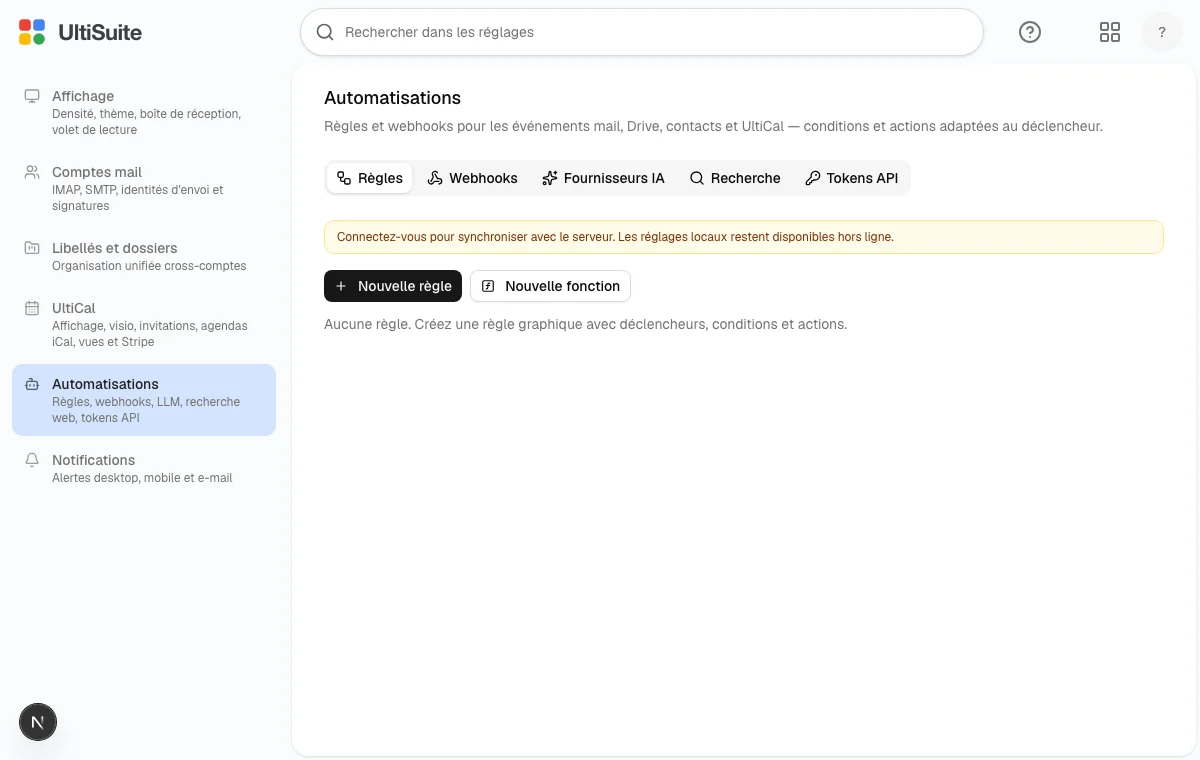 Ultimail automations screen with Règles tab and Nouvelle règle button