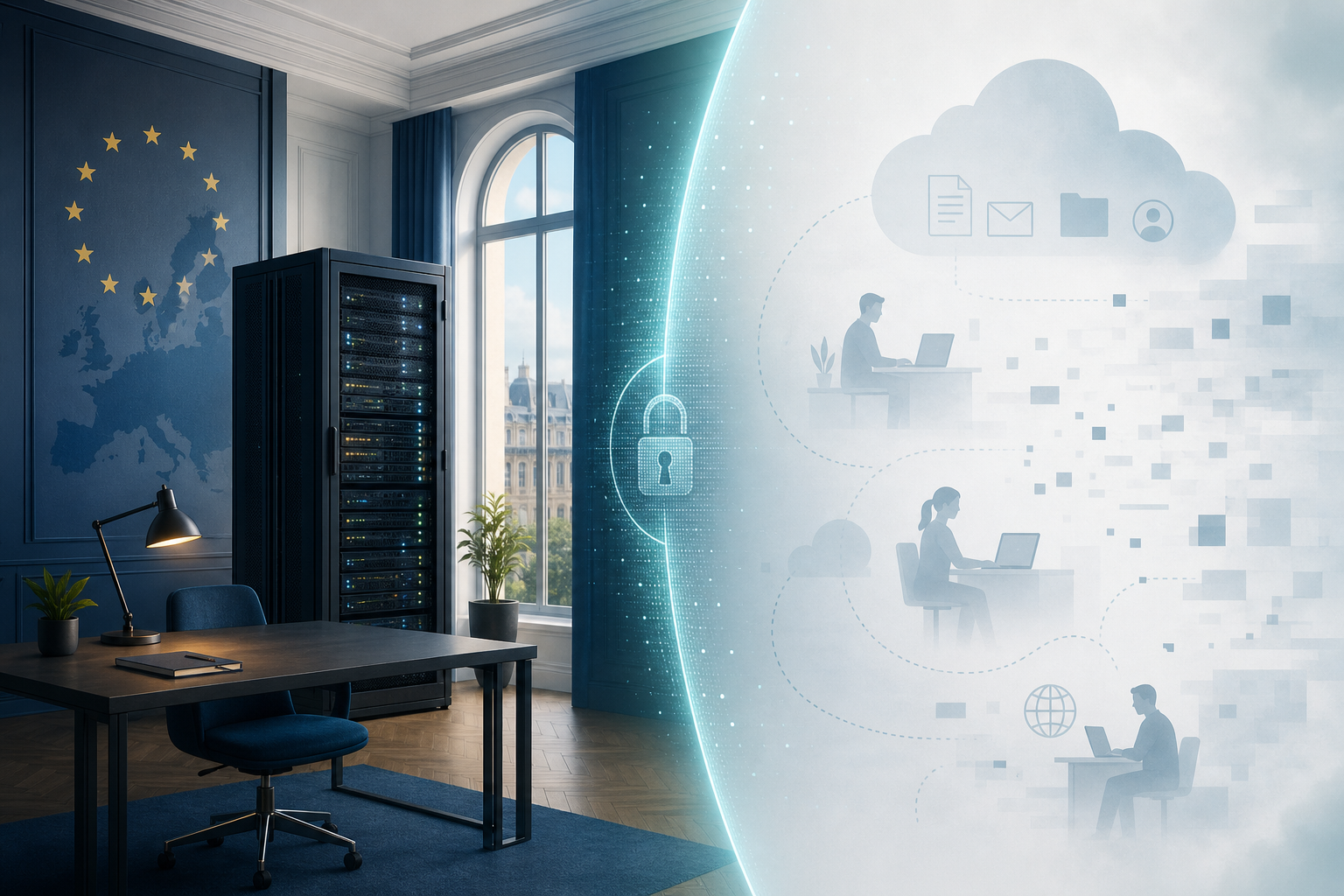 Editorial illustration opposing a France-hosted suite to a generic American productivity cloud